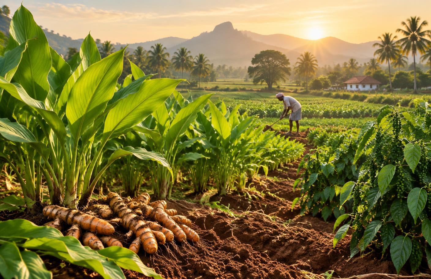 Indian farmer working among turmeric crops