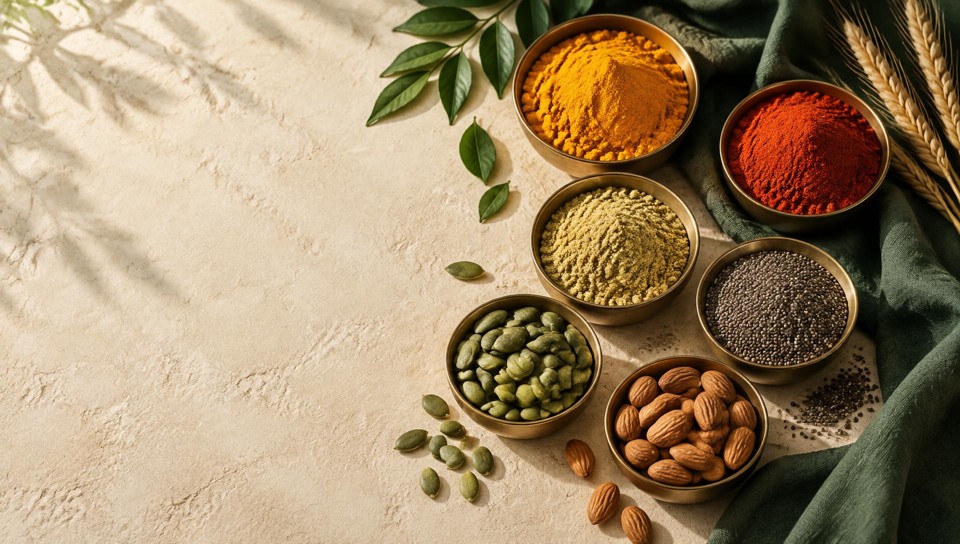 Natural spices, seeds and almonds arranged in brass bowls